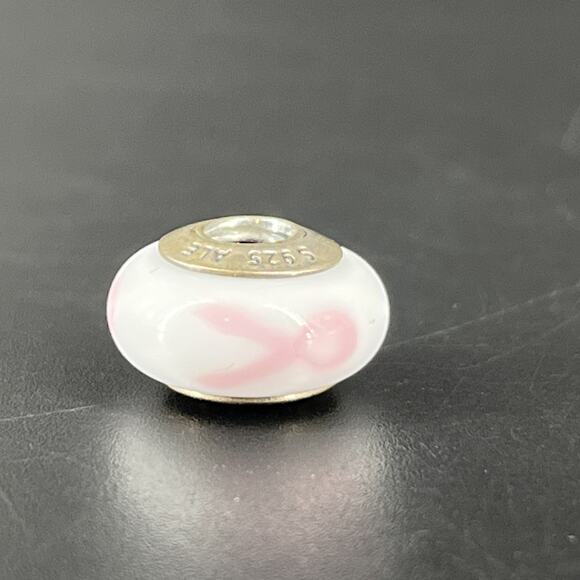Genuine VTG Pandora Murano Glass Pink Ribbon Breast Cancer Charm S925 ALE - Picture 2 of 7